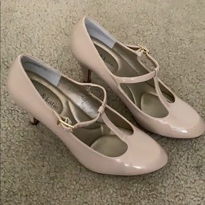 Nude patent t-strap heels